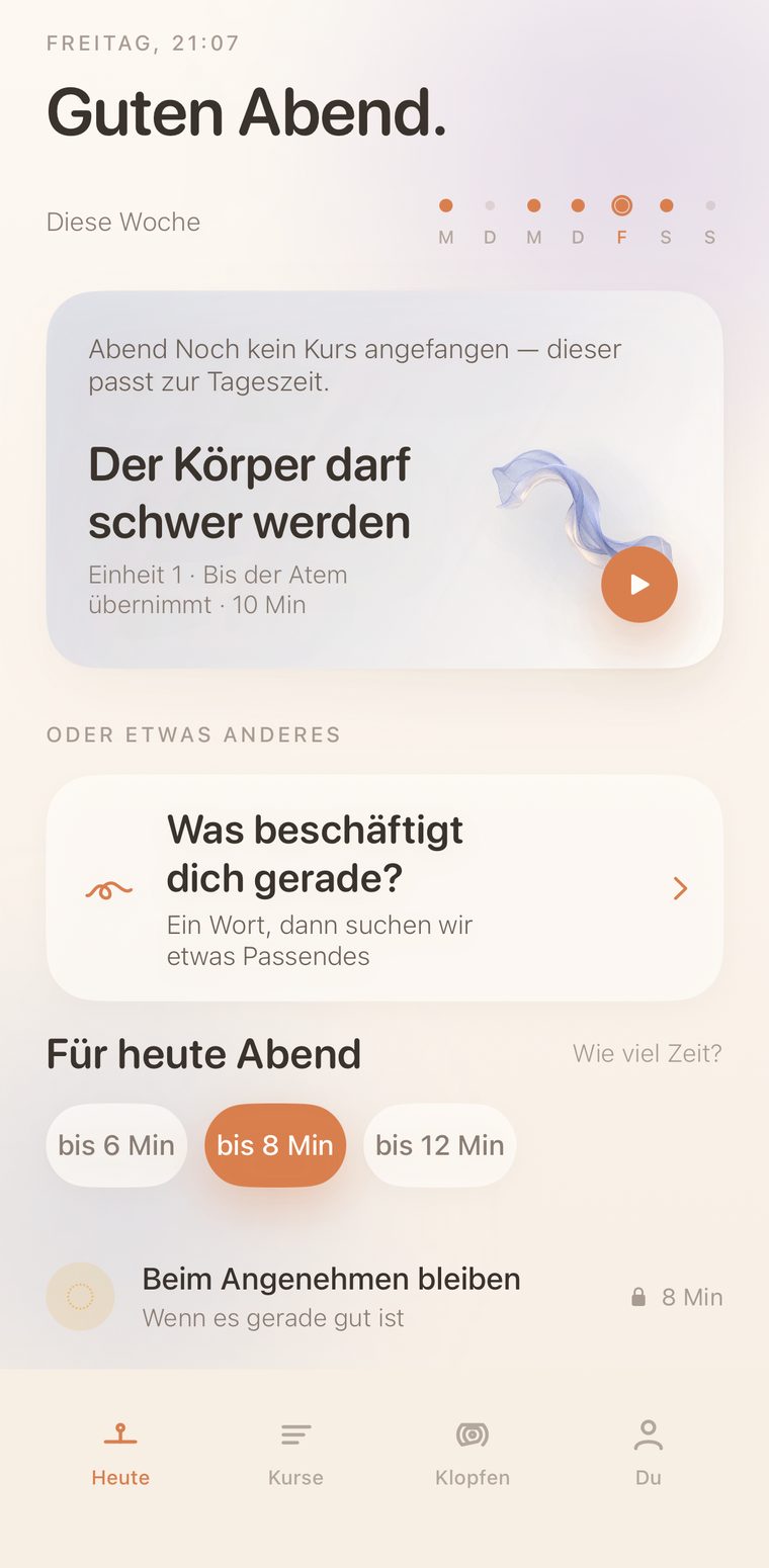 Der Startbildschirm von Gentle mit dem Vorschlag „Wo der Kopf gerade ist“