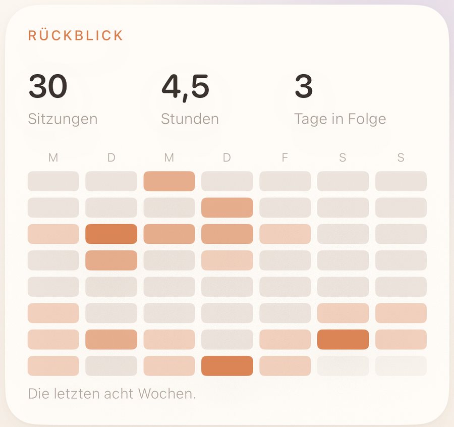 Der Rückblick unter „Du“ mit Sitzungen, geübter Zeit und einem Aktivitätsraster
